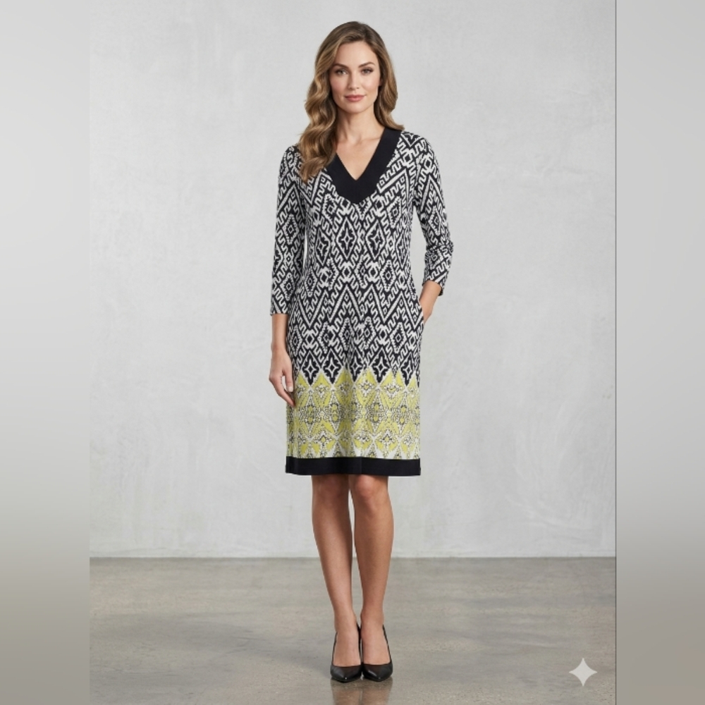 Tribal Black White and Yellow Printed V-Neck Dress